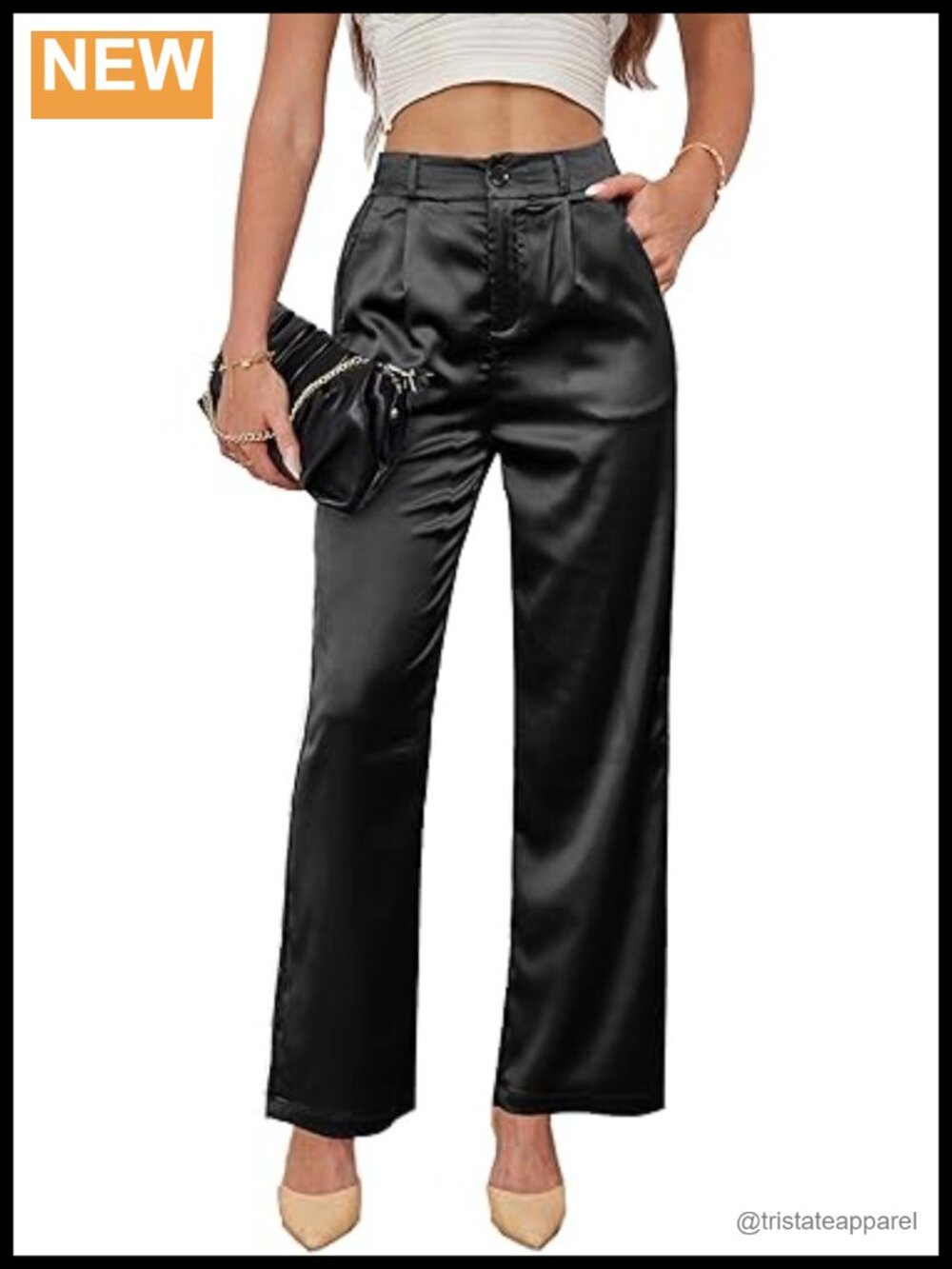 Wide Leg Satin Silky High Waist Dress Pants Pleated Front Pockets